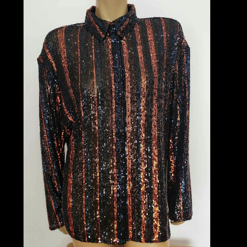 Zara Black and Orange/Copper Sequin Striped Button-Up Blouse Large